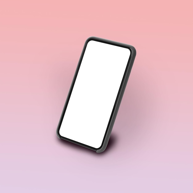 Téléphone avec écran blanc debout sur la place de fond de studio rose