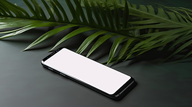 Un téléphone avec un écran blanc est posé sur une surface sombre avec une feuille verte.