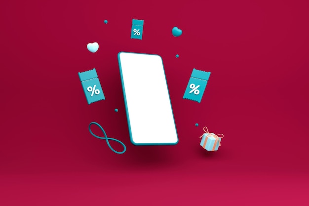 Téléphone avec un écran blanc vide avec des coupons volants et des balles Coupons 3D avec des réductions cadeau 3d