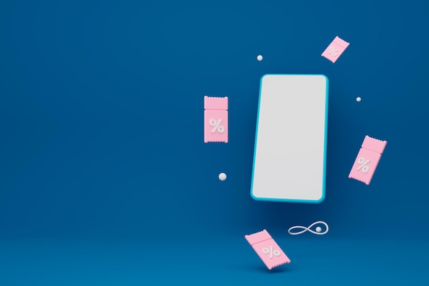 Téléphone avec un écran blanc vide avec des coupons volants Coupons 3D avec des réductions Bon cadeau 3d