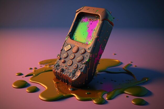 Un téléphone avec un écran rose et vert est dans une flaque d'eau.