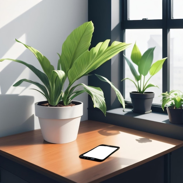 Un téléphone est à côté d'une plante sur une table à côté d'une fenêtre.