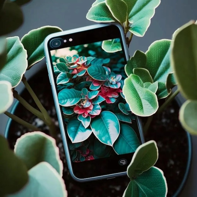 Un téléphone est posé dans un pot avec une plante dessus qui dit " lg ".