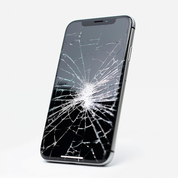 Un téléphone fissuré avec un écran fissuré et un fond blanc.