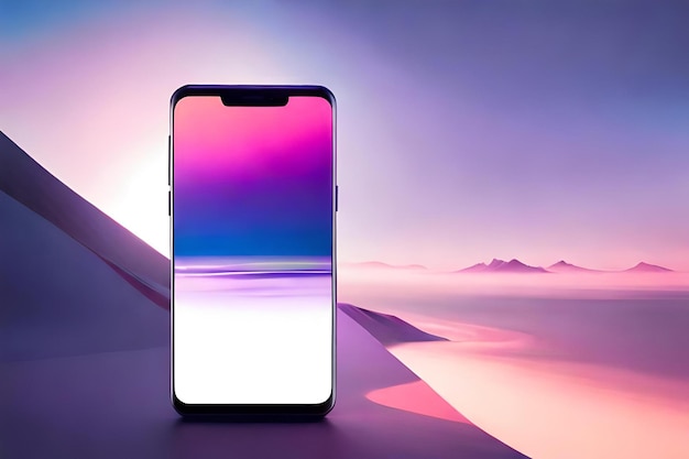 Un téléphone avec un fond violet et un ciel violet derrière lui