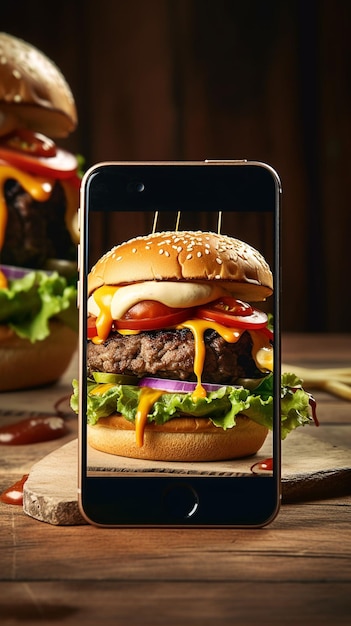 Un téléphone avec un hamburger dessus