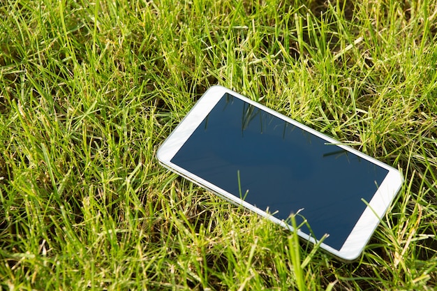 Téléphone intelligent blanc avec écran isolé sur fond d'herbe