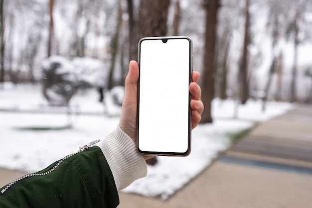 Téléphone intelligent dans les mains de la femme dans le parc d'hiver. Écran blanc.