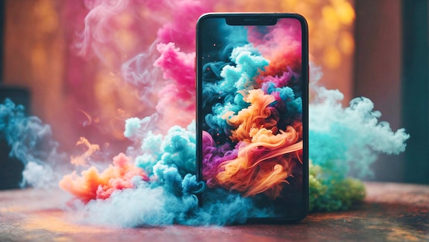 Un téléphone intelligent entouré d'une fumée flashy et colorée Présentation de produit technologique
