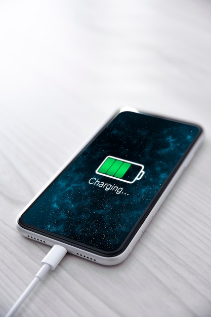 Téléphone intelligent mobile sur dispositif de charge sans fil sur fond blanc. Batterie de l'icône et éclairage de la progression de la charge à l'écran.smartphones connectés à la source d'alimentation.problèmes de niveau de batterie faible.Téléphone branché