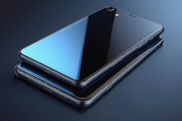 Le téléphone intelligent noir moderne se trouve sur une surface bleu foncé lisse ou sur une table en perspective
