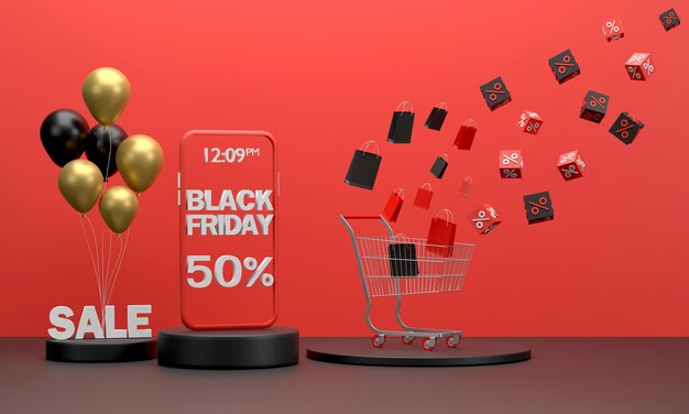 Téléphone Mobile 3d Afficher Les Ventes Du Black Friday Sur Les Podiums Et Les Chariots De Supermarché