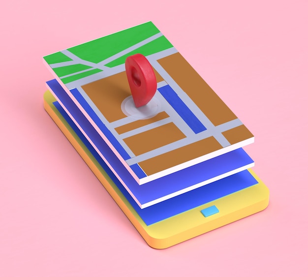 téléphone mobile intelligent avec application de navigation gps carte avec carte de la ville sur le rendu 3D de l'écran