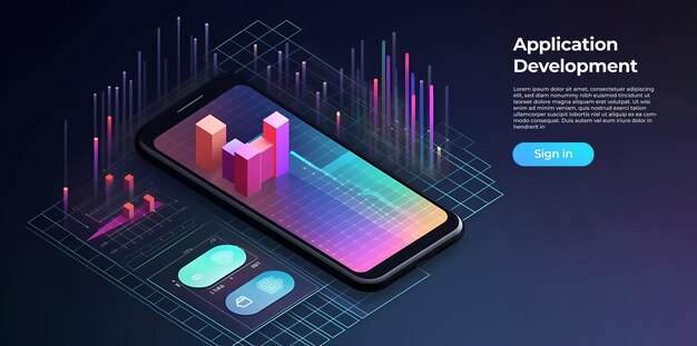 Téléphone mobile isométrique avec graphique d'entreprise et analyse de données Développement de logiciels Concept de processus de codage et tendances d'analyse avec tests multiplateformes Generative Ai
