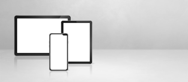 Téléphone Mobile Et Tablette Numérique Sur Un Bureau En Béton Blanc. Bannière De Fond Horizontal. Illustration 3d