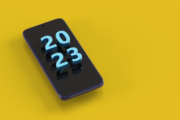 Téléphone mobile avec texte 2023 en trois dimensions Concept de nouvel an Illustration 3d de projection isométrique
