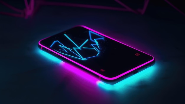 Téléphone néon futuriste sur fond sombre