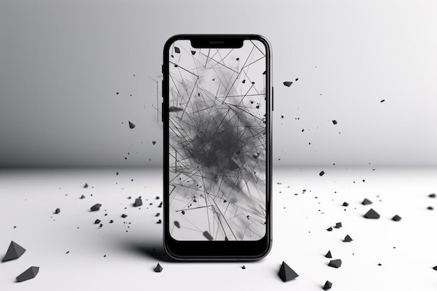 un téléphone noir avec un écran cassé et un verre cassé en arrière-plan.