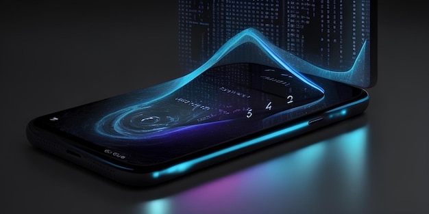 Le téléphone noir est allongé sur la table et montre une infographie et un diagramme sous forme de nombres de vagues et un hologramme ai génératif