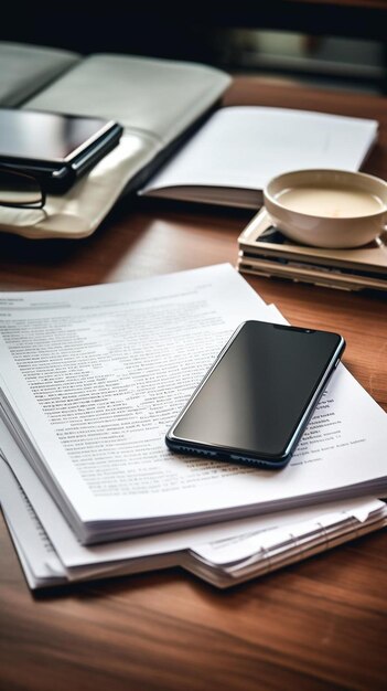 un téléphone noir est posé sur une pile de papiers