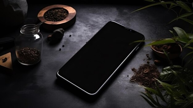Un téléphone noir est posé sur une table à côté d'une plante et d'une cafetière.