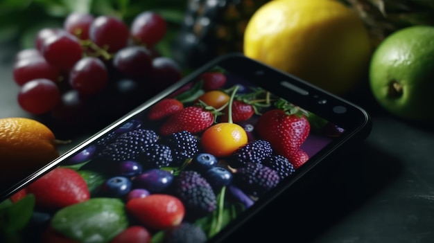 Un téléphone avec une photo de fruits dessus