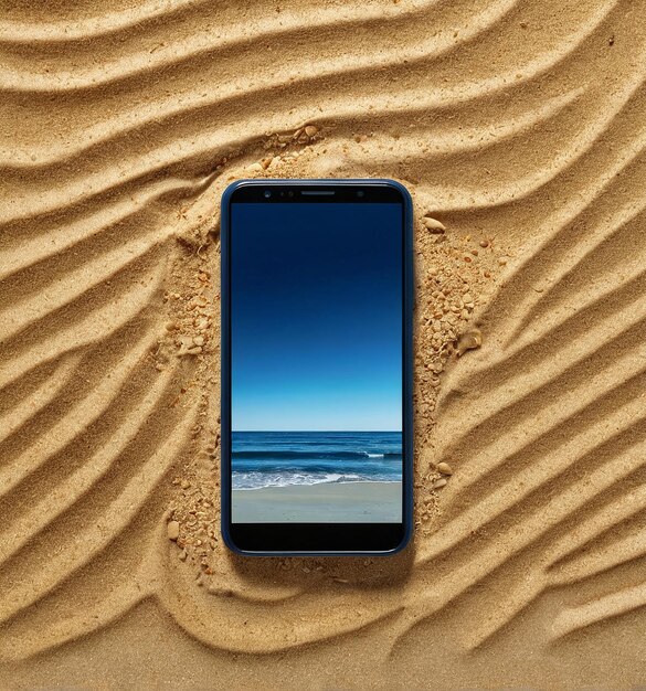 Photo un téléphone sur la plage est sur le sable.