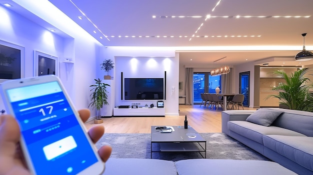 Un téléphone portable au premier plan contrôle un intérieur de maison intelligente moderne et bien éclairé