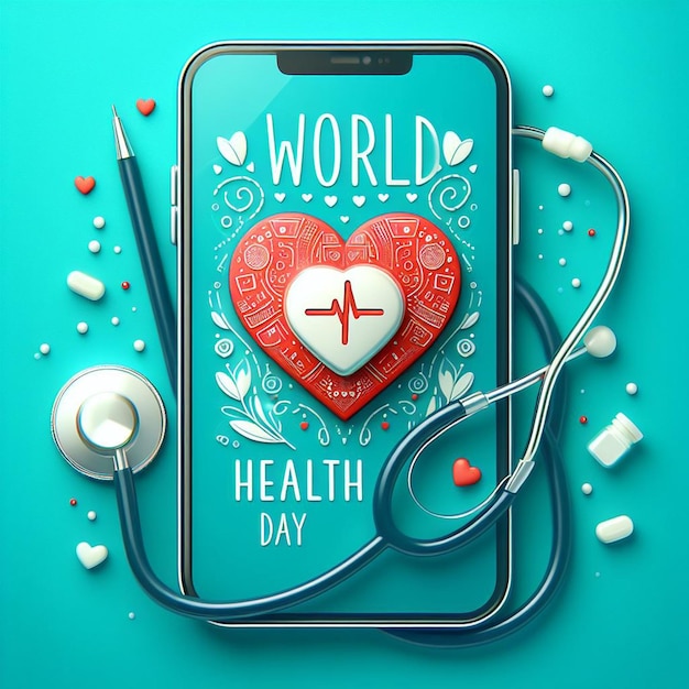 un téléphone portable avec un cœur qui dit " Journée mondiale de la santé "