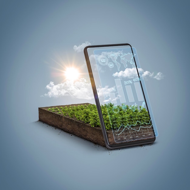 Téléphone portable avec concept d'agriculture numérique de gestion des données de croissance des plantes isolé