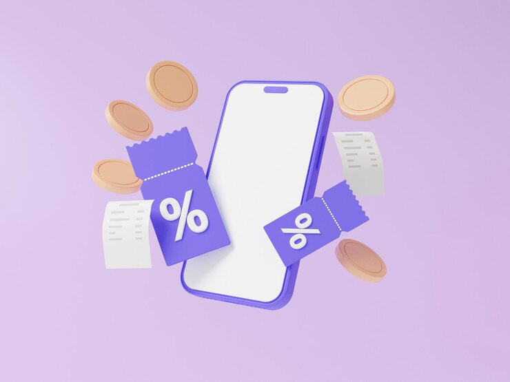 Téléphone portable avec des coupons de remise et une pièce de billetterie flottant sur fond violet Promotion vente pourcentage de remboursement Marketing achat rentable concept en ligne Minimal dessin animé 3D rendu