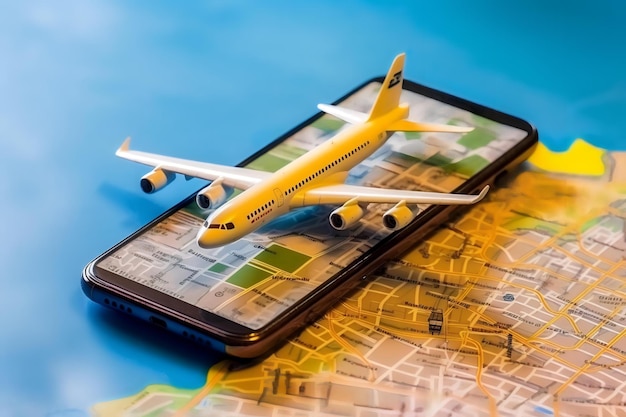 Téléphone portable avec décollage d'avion et carte de sac de voyage scud sur la carte d'embarquement à l'écran