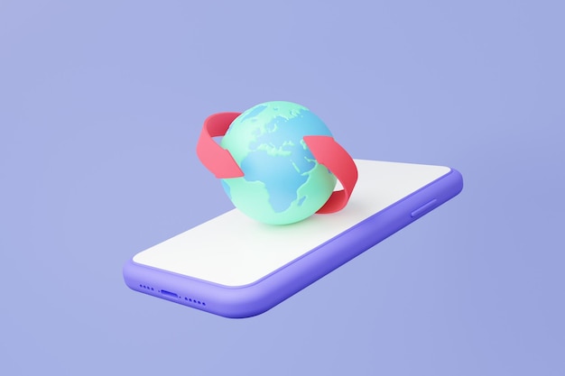 Téléphone portable de dessin animé minimal avec icône de flèche du globe illustration de rendu 3D