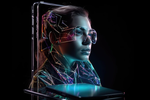Téléphone portable du futur mobile invisible transparent Siri Alice hologramme intelligence artificielle smartphone Ai Metaverse et Blockchain Technology futur réseau de données innovant