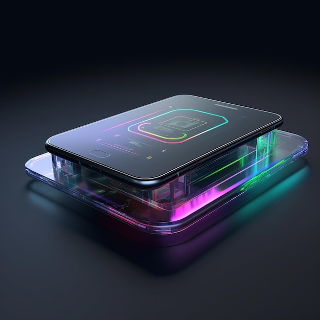 Un téléphone portable avec un écran vert et violet à l'arrière.