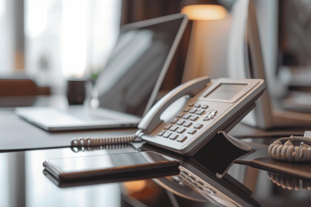 Un téléphone portable est placé sur un bureau à côté d'un ordinateur portable créant un espace de travail moderne Image en gros plan d'un téléphone de bureau sur un bureau élégant généré par l'IA