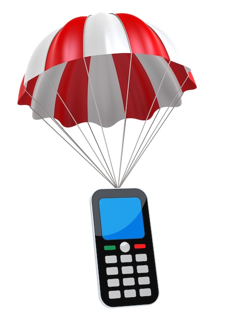 Téléphone portable générique et parachute. Image générée numériquement.