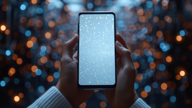 Photo telephone portable à gros plan polygonal avec écran blanc vide sur fond bleu foncé concept d'application de communication pour smartphone