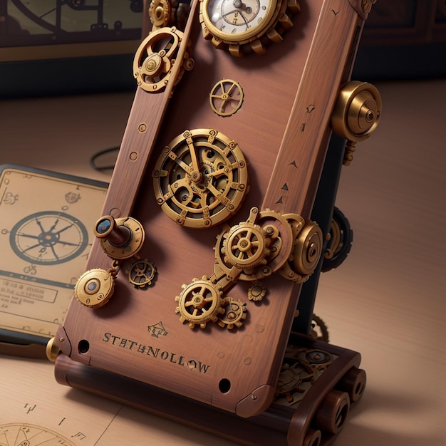 Un téléphone portable d'inspiration steampunk avec des engrenages et des éléments en laiton incorporés dans sa conception