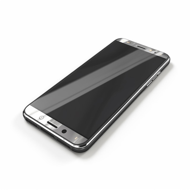 Un téléphone portable noir et argent avec un fond blanc.