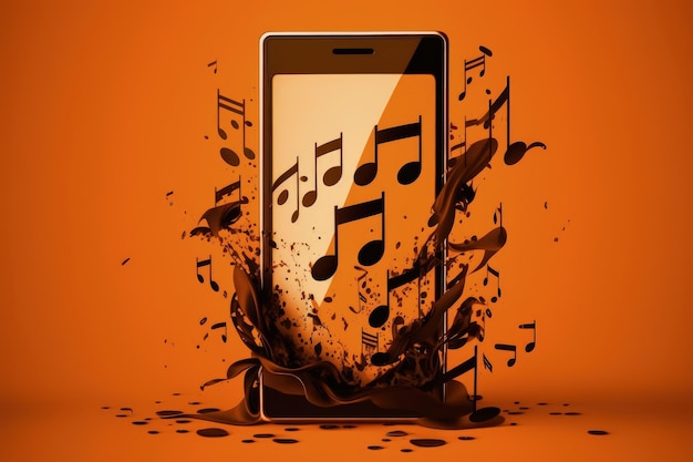 Photo téléphone portable avec notes de musique isolées sur fond orange ai