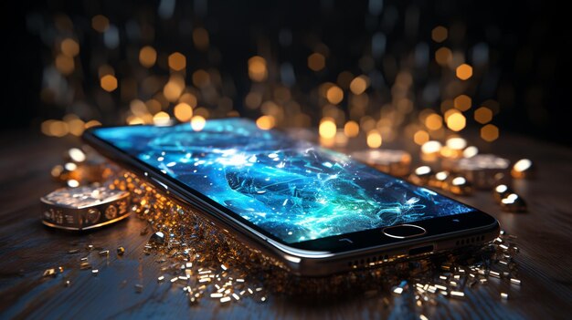 Photo téléphone portable avec un numéro doré brillant de l'arbre de noël