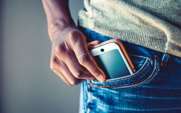 Un téléphone portable qui sort de la poche d'un jean.