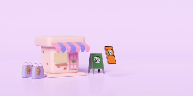 téléphone portable smartphone avec QR code numérisation magasin avant signe achat sacs en papier isolés sur fond rose concept d'achat en ligne illustration 3D rendre le chemin de coupe