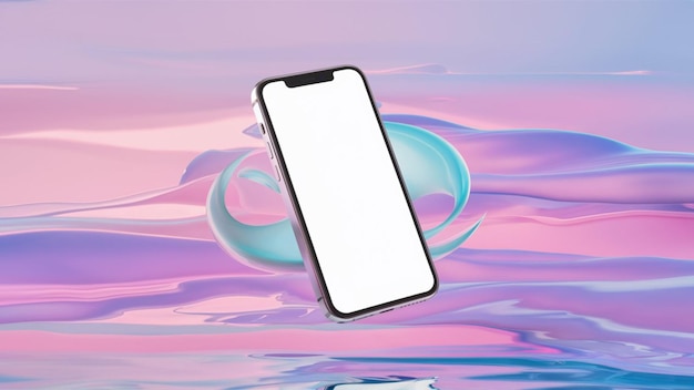 un téléphone qui est sur l'eau avec un fond rose et violet