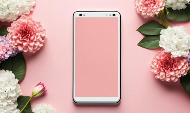 Un téléphone rose avec un écran rose est posé sur un fond rose avec des fleurs.