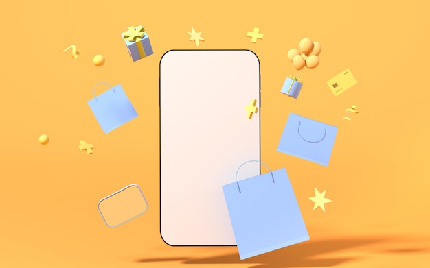 Téléphone vide et sacs à provisions avec rendu 3d de fond jaune