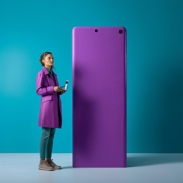 un téléphone violet et une femme