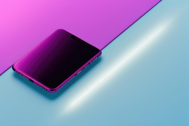 Un téléphone violet et rose sur fond bleu