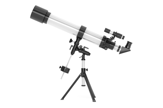 Télescope d'argent sur trépied sur fond blanc